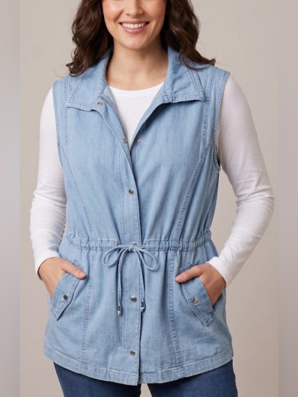 Vintage Collection L Sleeveless Denim Drawstring Full Zip & Snap Closure Size 20